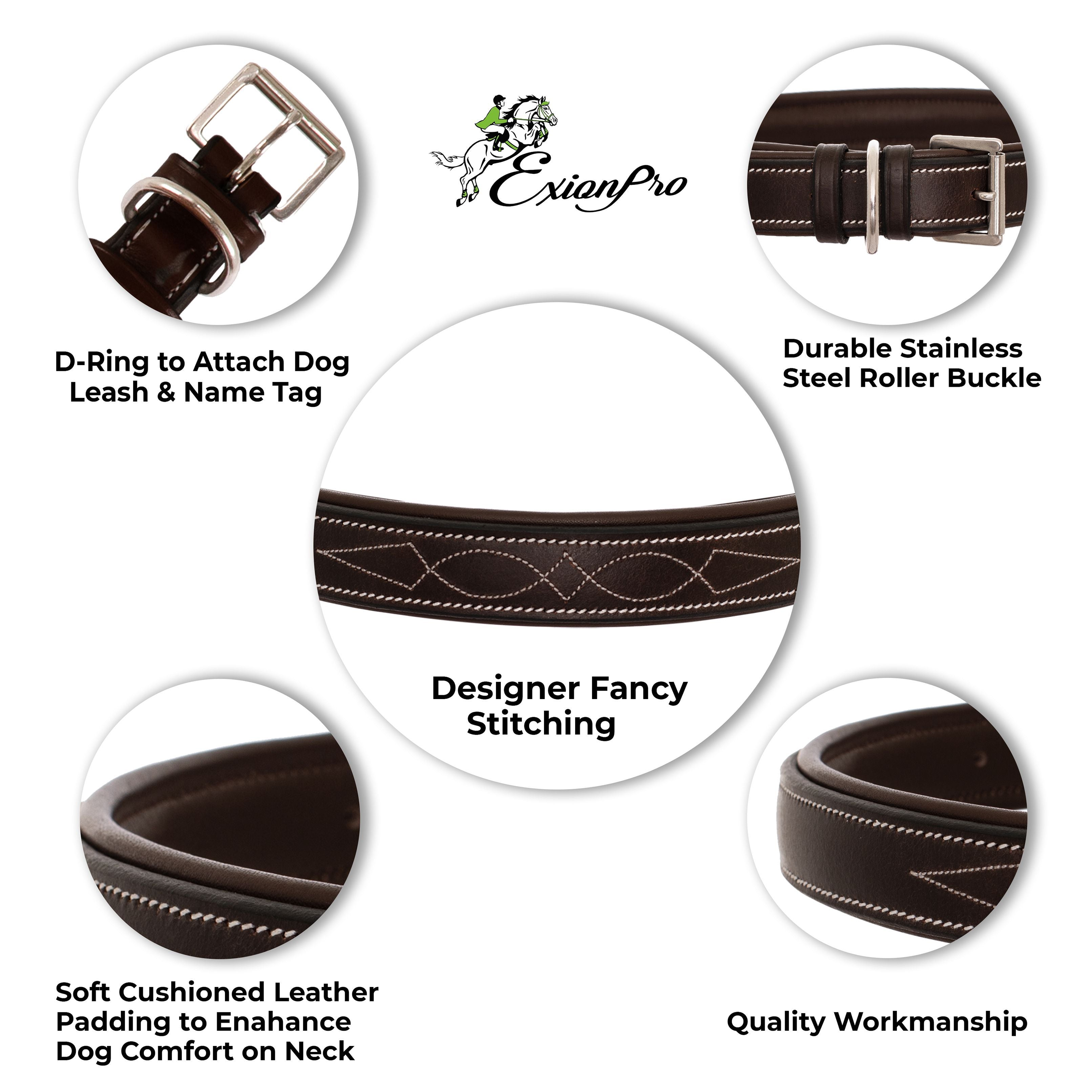 ExionPro Fancy Stitched Padded Leather Dog Collar - Havana Padding