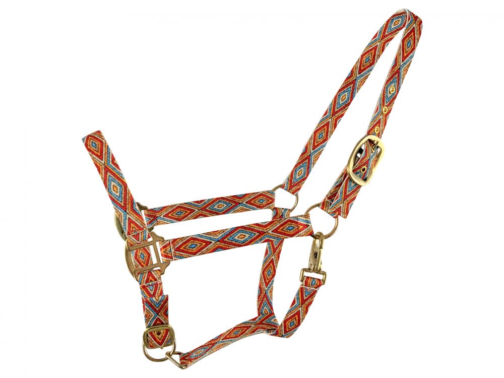 Premium Nylon Horse Sized Halter with Orange and blue Navajo Print.