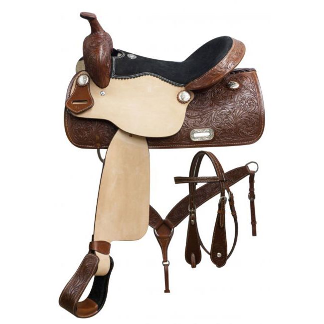 Double T Pleasure Style Saddle Set with Floral Tooling - 17 INCHES