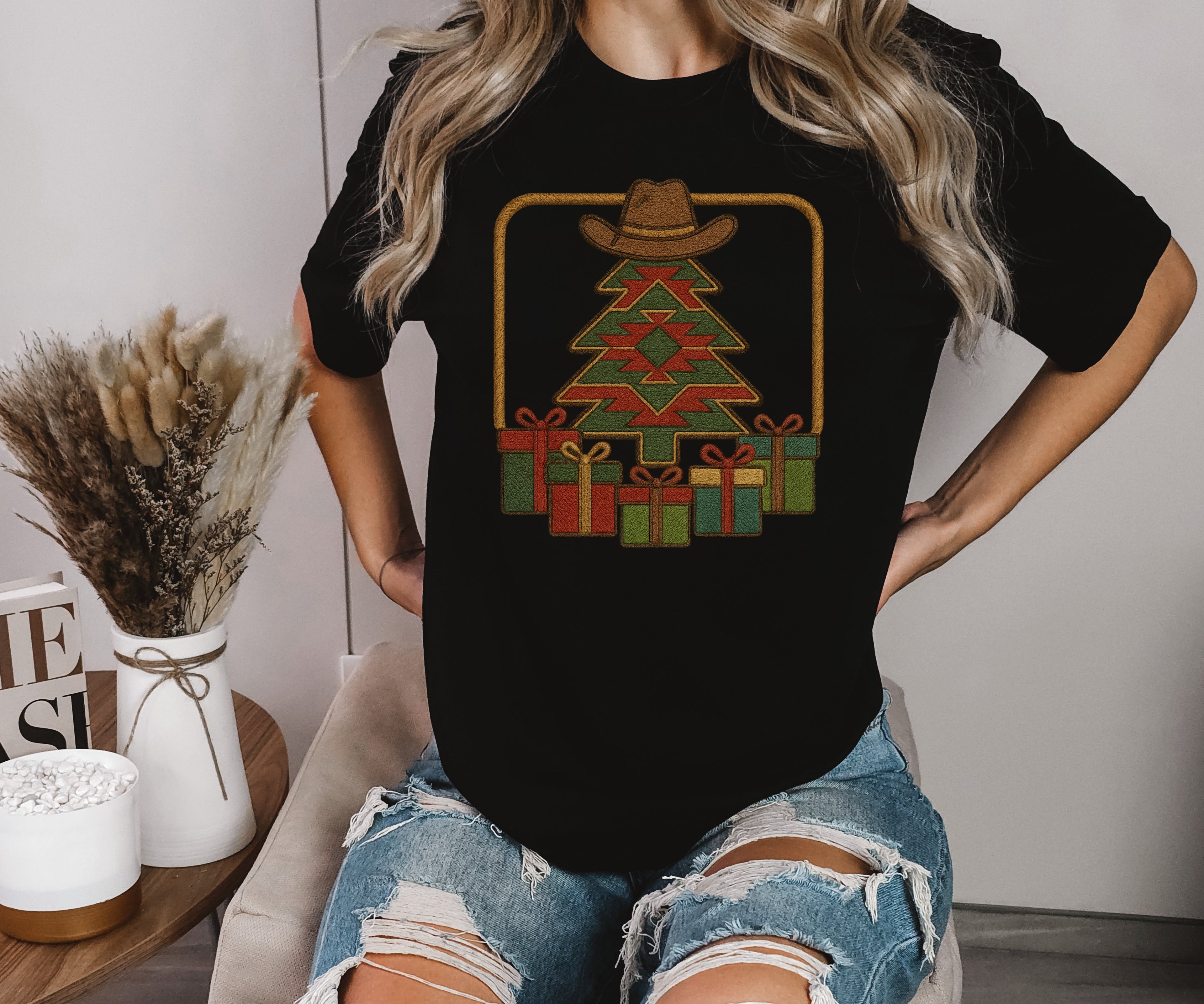 Western Faux Embroidered Cowboy Christmas Tree Shirt – Graphic Tee, Long Sleeve & Crewneck