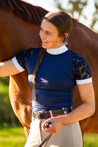 Short Sleeve Lace shirt- Navy crystal front