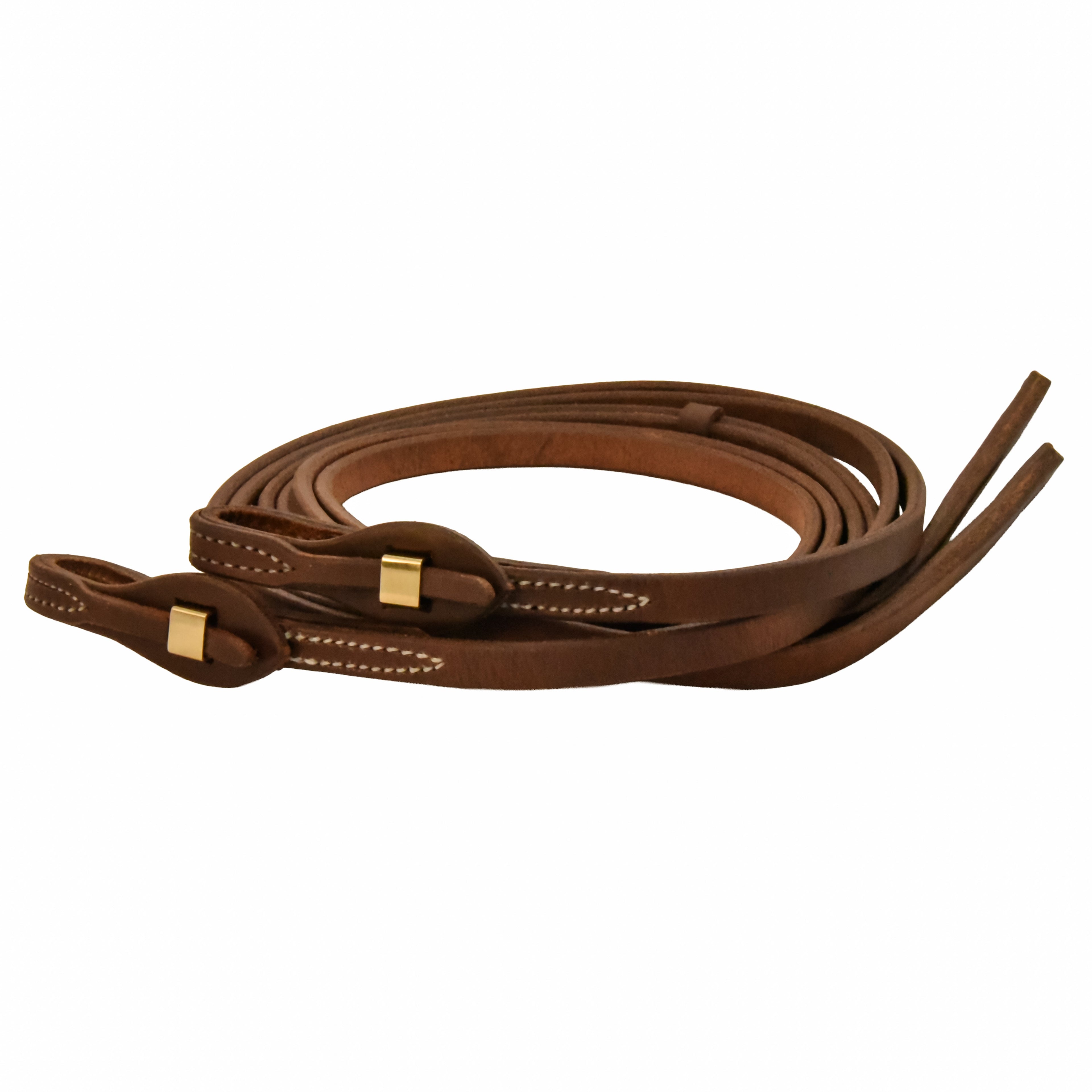 AJ Tack Oiled Harness Leather Brass Quick Change Split Reins - 5/8in x 8ft