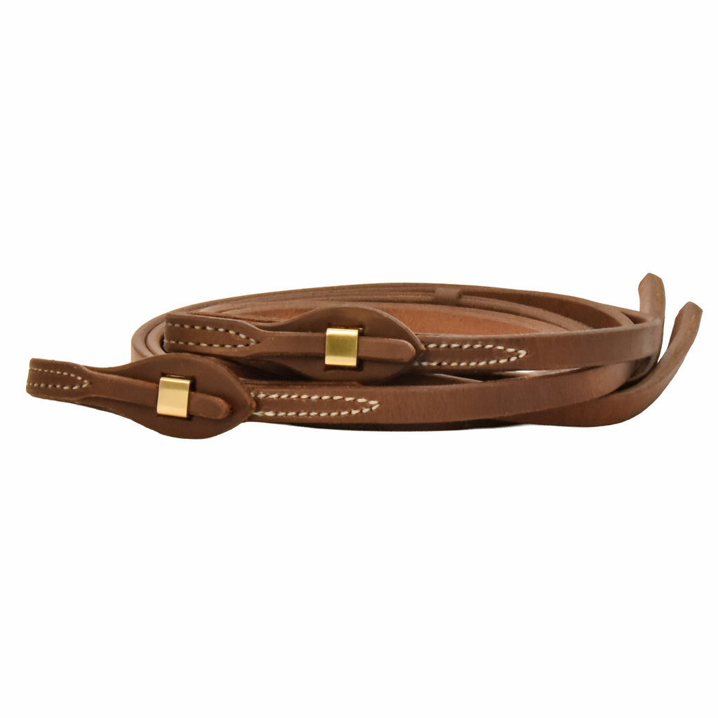 AJ Tack Oiled Harness Leather Brass Quick Change Split Reins - 5/8in x 8ft
