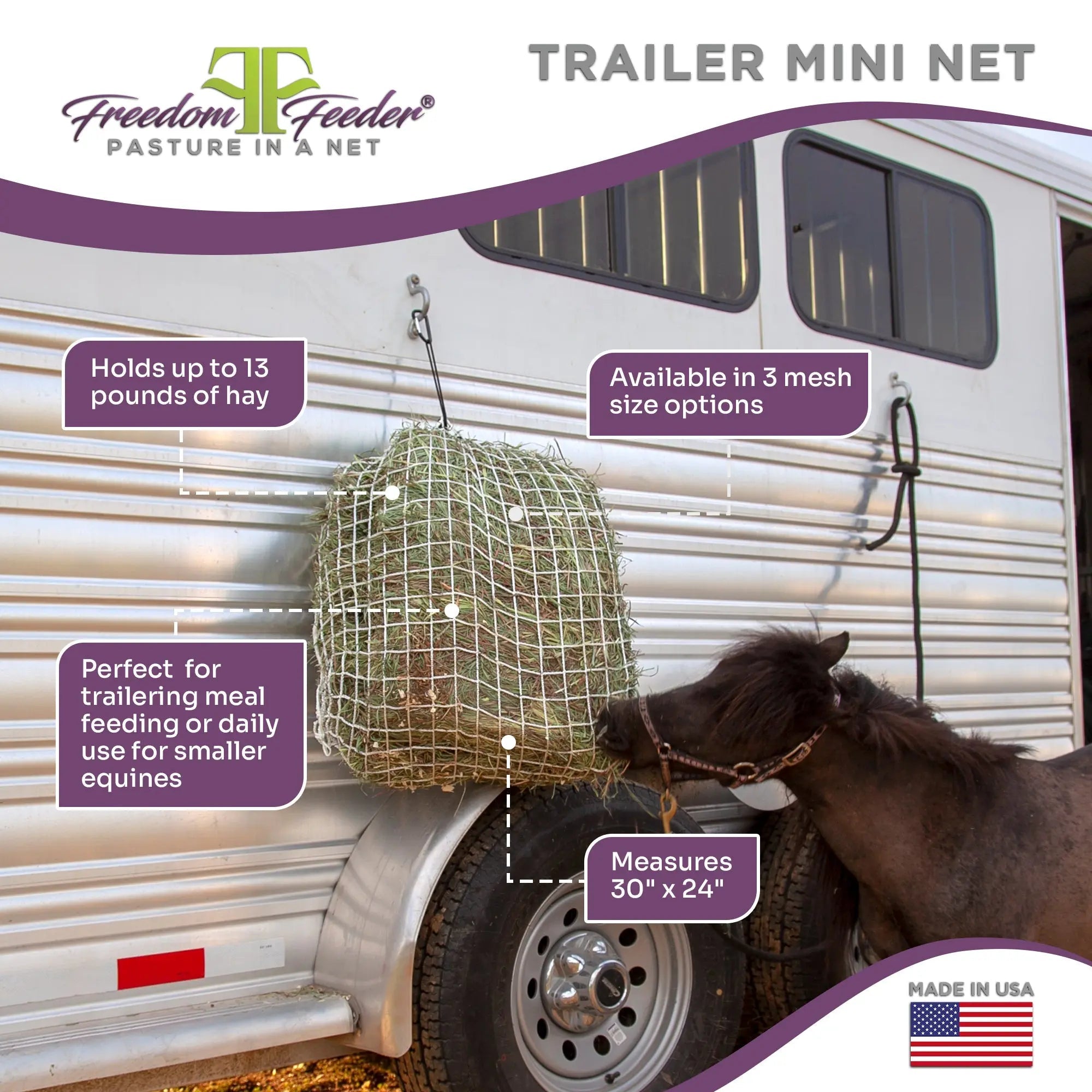 Freedom Feeder Trailer/Mini Hay Net - Slow Feed Hay Net - 2 Flake  - 3 Size Mesh Options