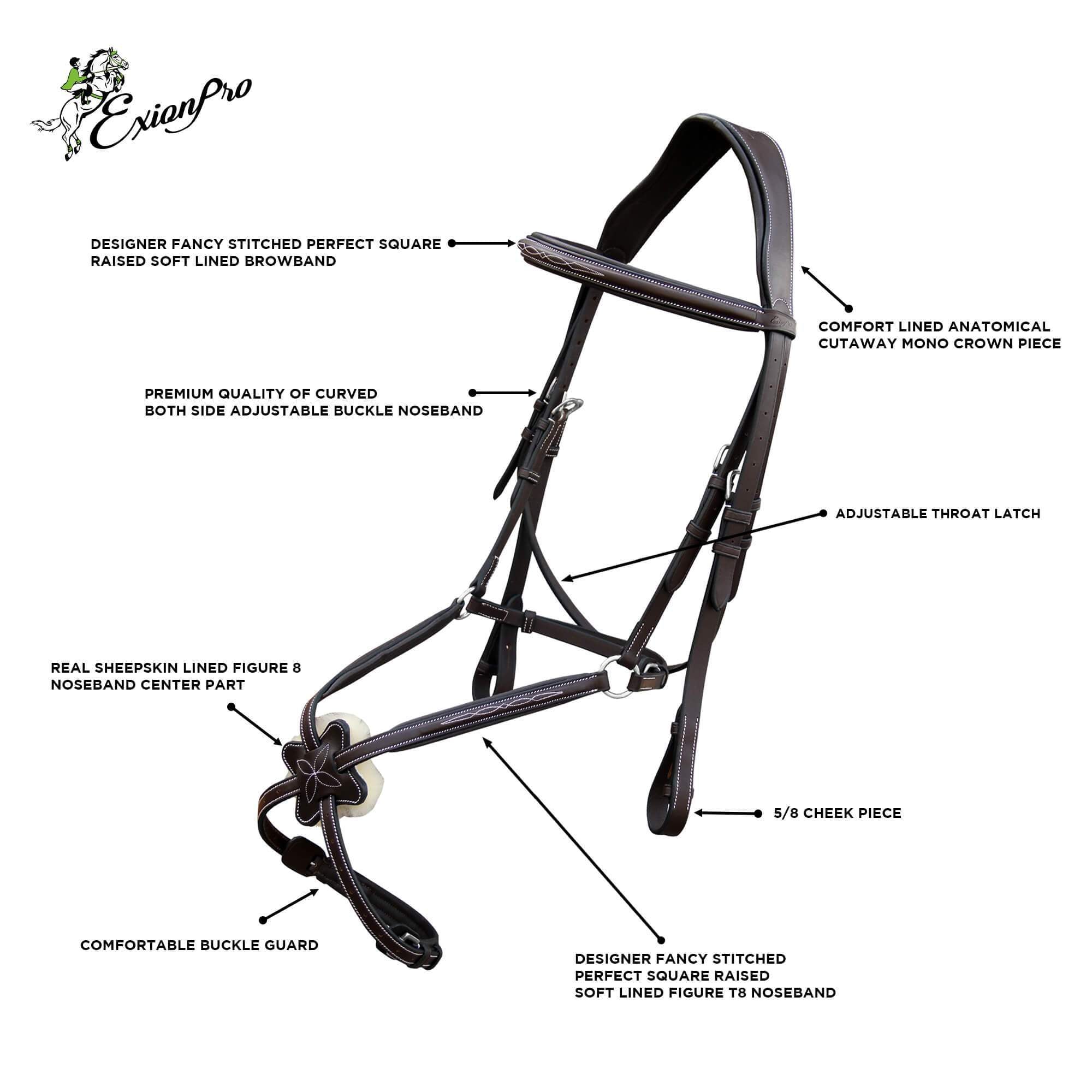 ExionPro Padded Ear Free Monocrown Crown Piece Figure 8 Bridle & Reins
