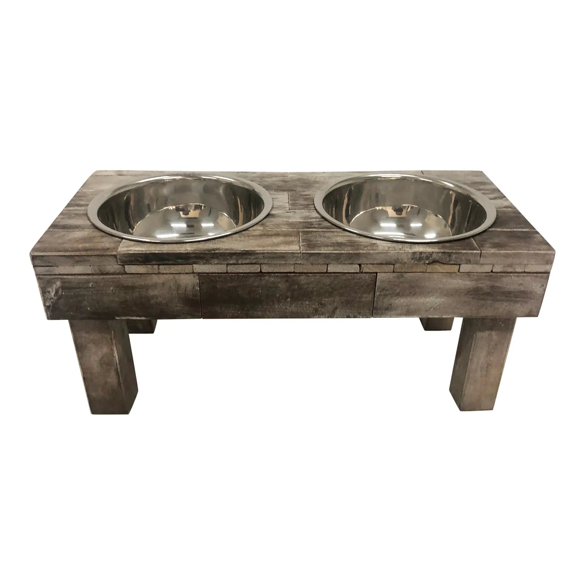 Huntley Pet Berjen Table Elevated Double Bowl Pet Feeder- Brown Wash