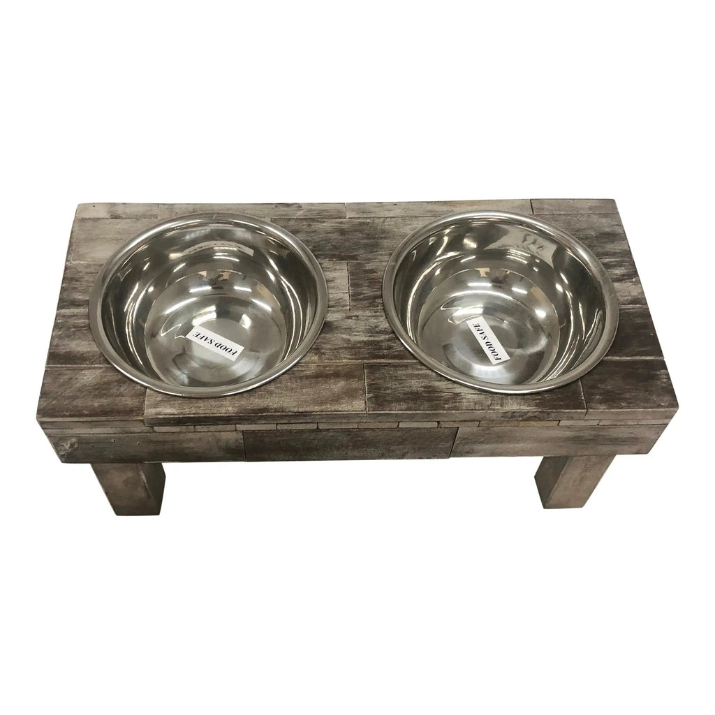 Huntley Pet Berjen Table Elevated Double Bowl Pet Feeder- Brown Wash
