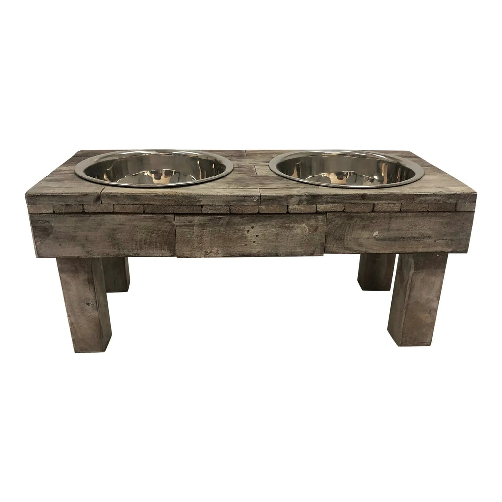 Huntley Pet Berjen Table Elevated Double Bowl Pet Feeder- Brown Wash
