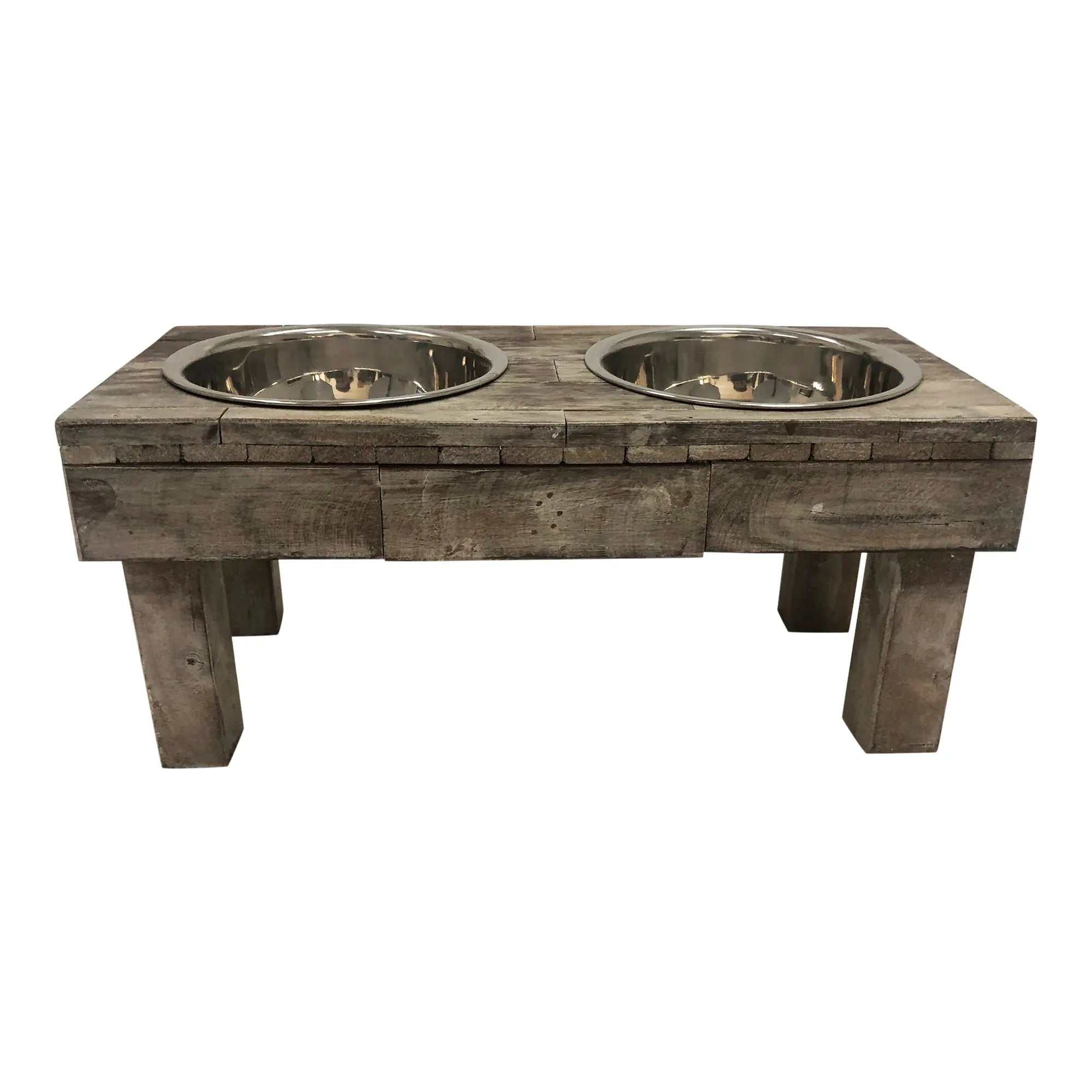 Huntley Pet Berjen Table Elevated Double Bowl Pet Feeder- Brown Wash