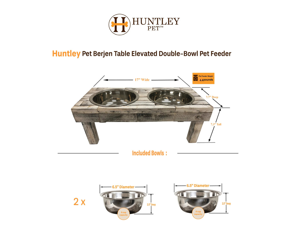 Huntley Pet Berjen Table Elevated Double Bowl Pet Feeder- Brown Wash
