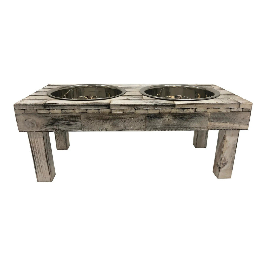 Huntley Pet Berjen Table Elevated Double Bowl Pet Feeder - White Wash