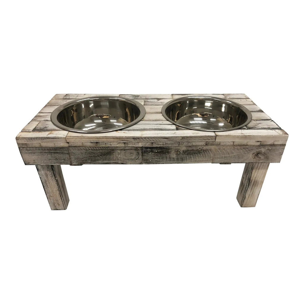 Huntley Pet Berjen Table Elevated Double Bowl Pet Feeder - White Wash