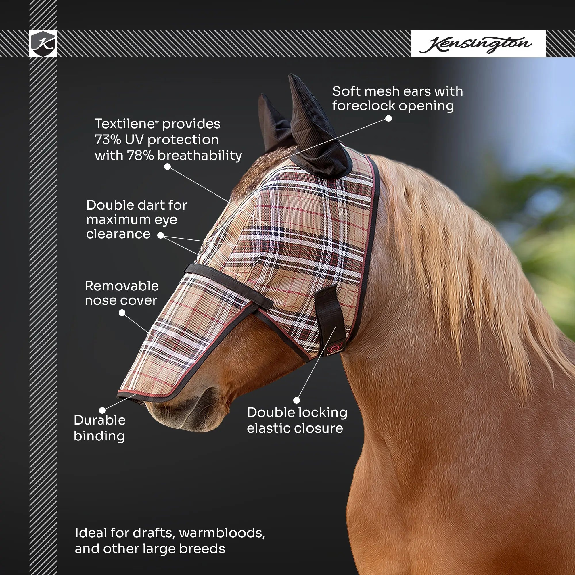 Kensington Draft Horse Fly Mask with Long Nose, Ears & 73% UV Protection