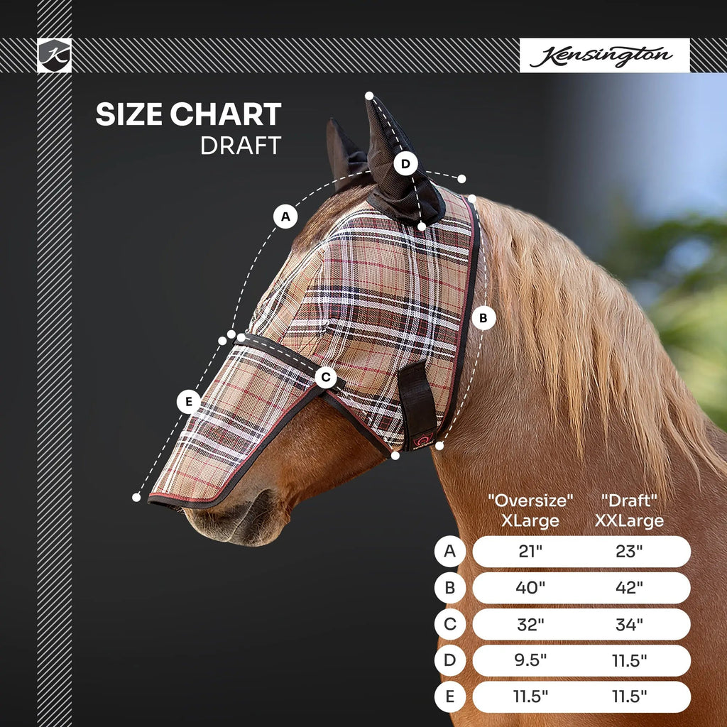 Kensington Draft Horse Fly Mask with Long Nose, Ears & 73% UV Protection