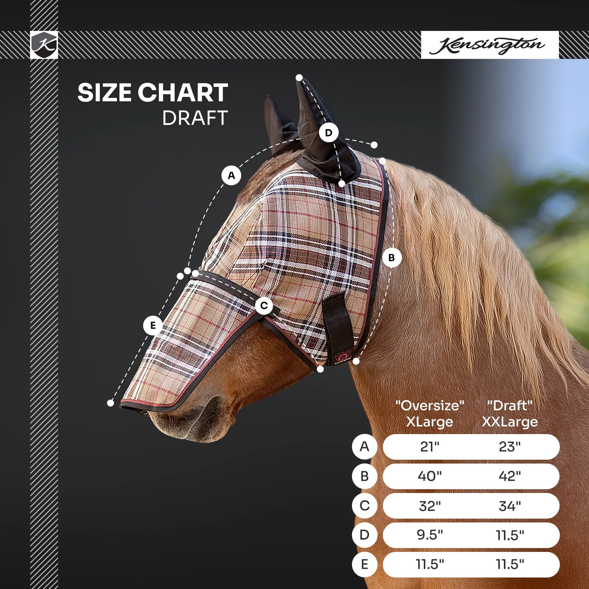 Kensington Draft Horse Fly Mask with Long Nose, Ears & 73% UV Protection
