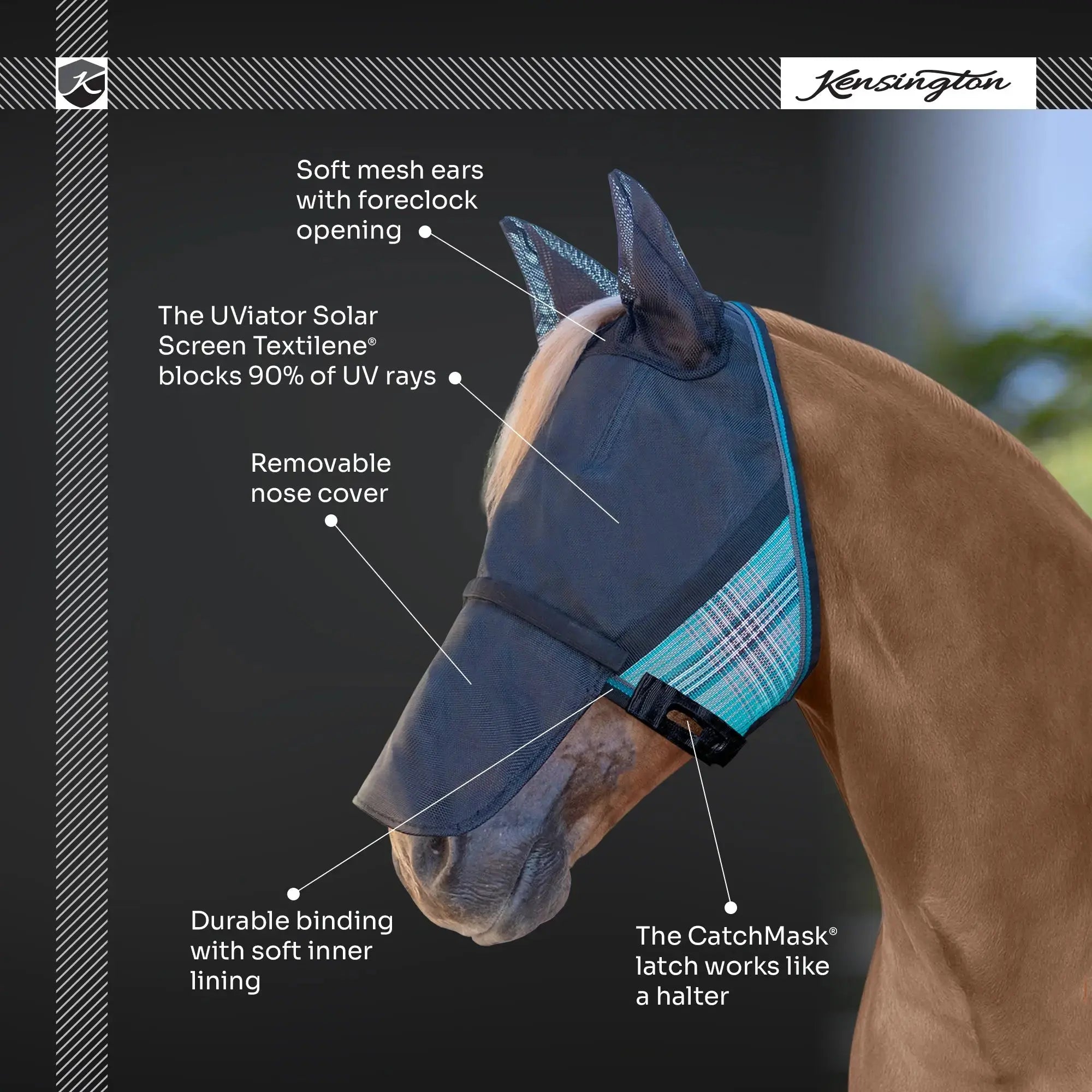 Kensington UViator CatchMask Fly Mask with Long Nose, Ears & 90% UV Protection