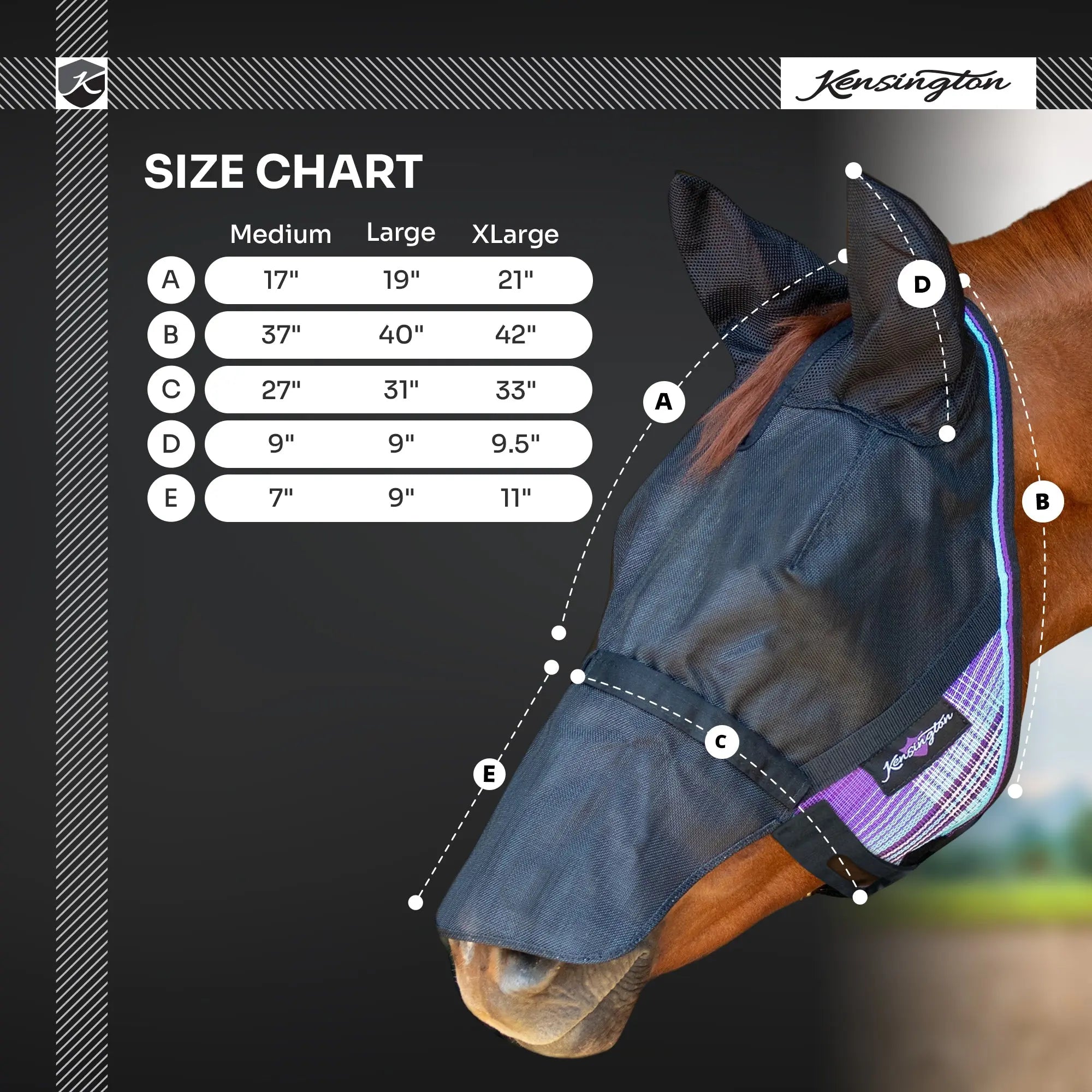 Kensington UViator CatchMask Fly Mask with Long Nose, Ears & 90% UV Protection