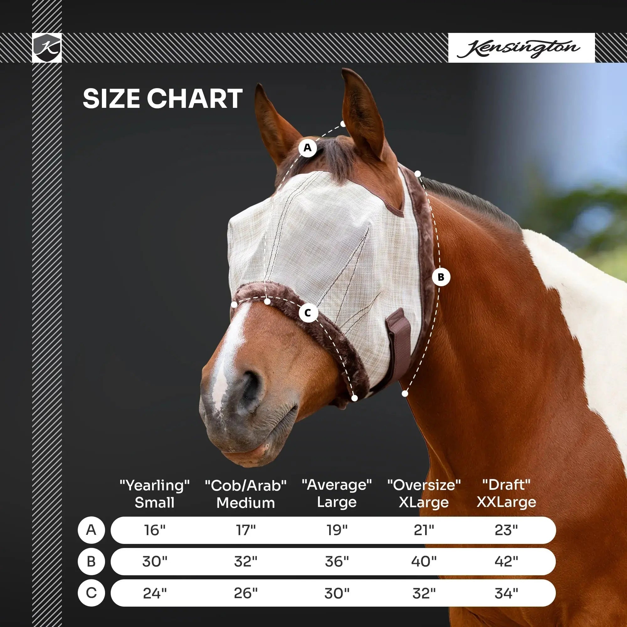 Kensington Draft Horse Fly Mask with Fleece Trim & 73% UV Protection - Open Top Design